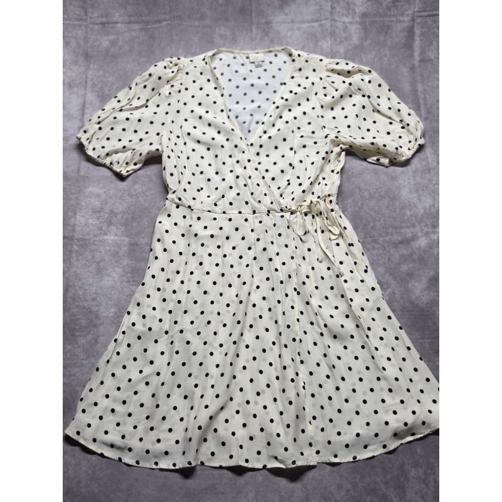 A New Day Women's Medium Dress Ivory Black Short Sleeve Mini Wrap Polka Dots - Picture 1 of 10
